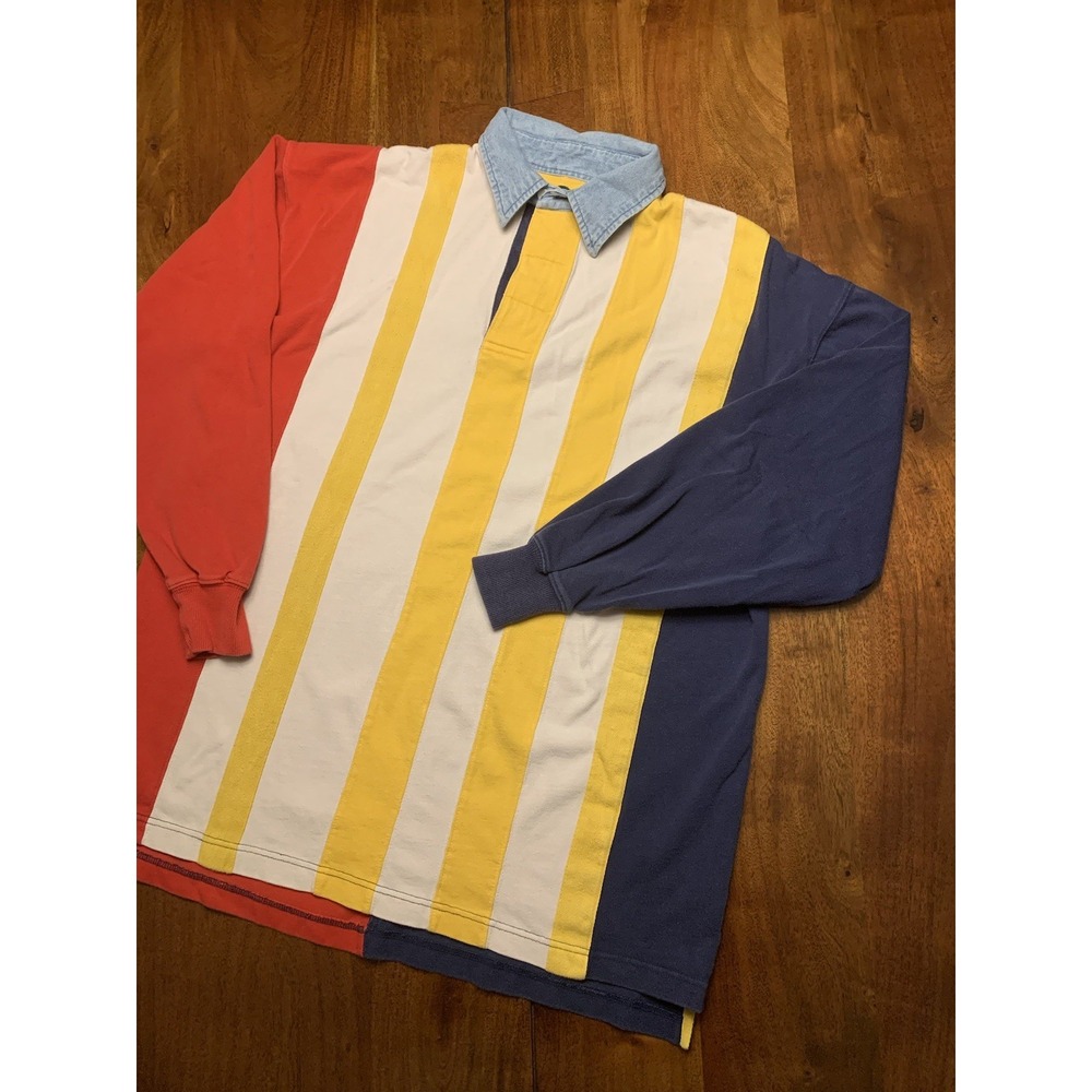 Vintage Halifax Outfitters Rugby Shirt Mens L Colorblock Stripe Denim Collar 90s
